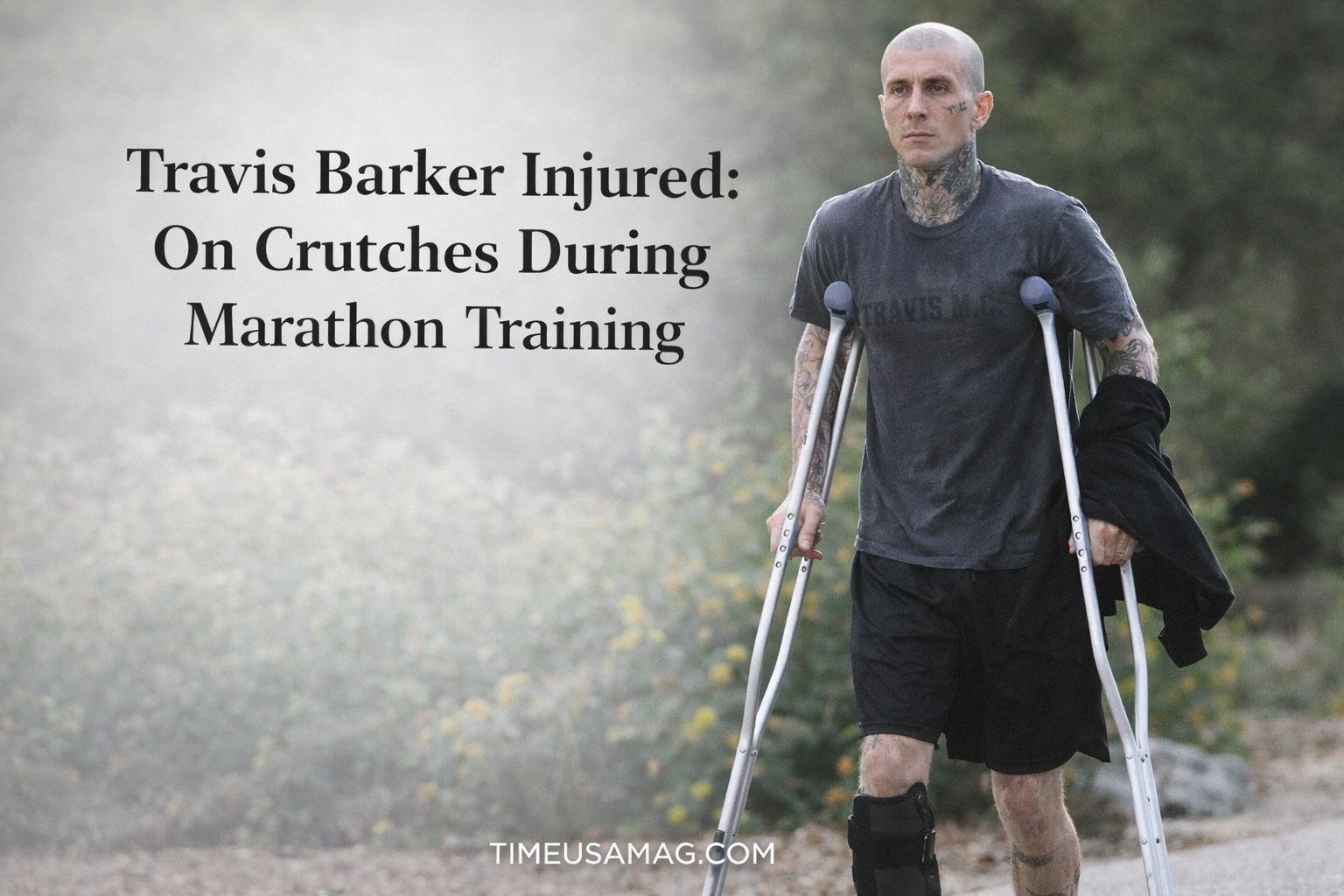 Travis Barker Injured On Crutches During Marathon Training